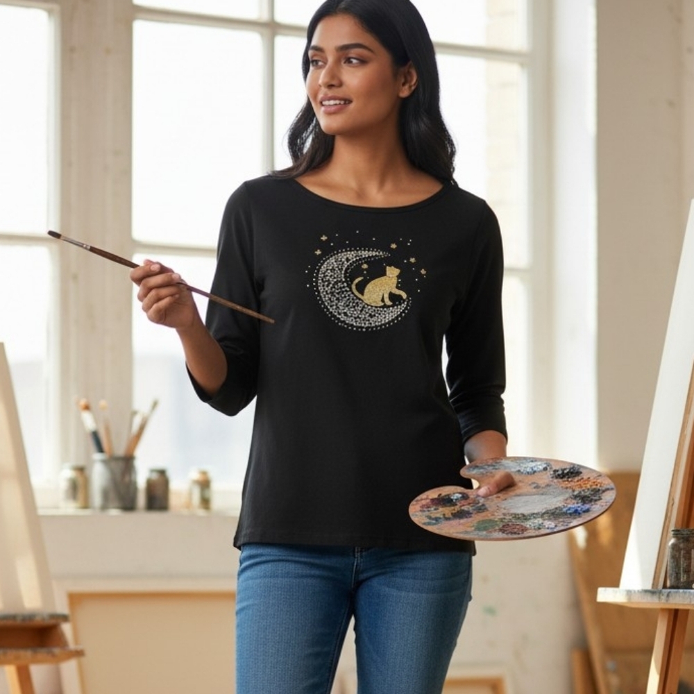 Karen Scott Black Top with Cat and Stars Design